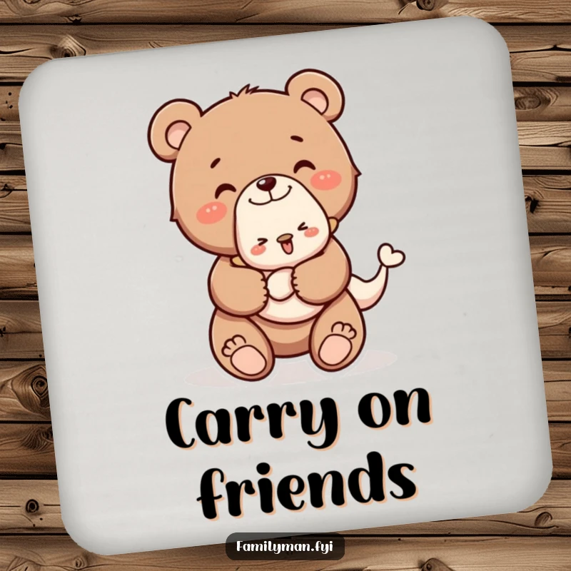 Funny drink coaster with a happy bear cub carrying a baby animal piggyback, adding a touch of cuteness to any table.