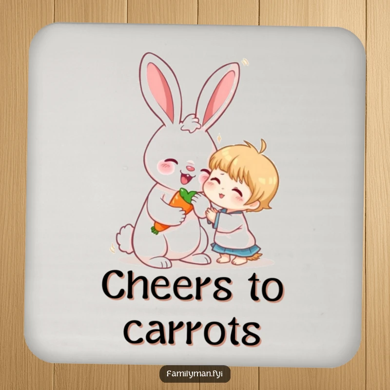 Funny drink coaster with a loving rabbit sharing a carrot with a child, bringing wholesome charm and gentle vibes to any surface.