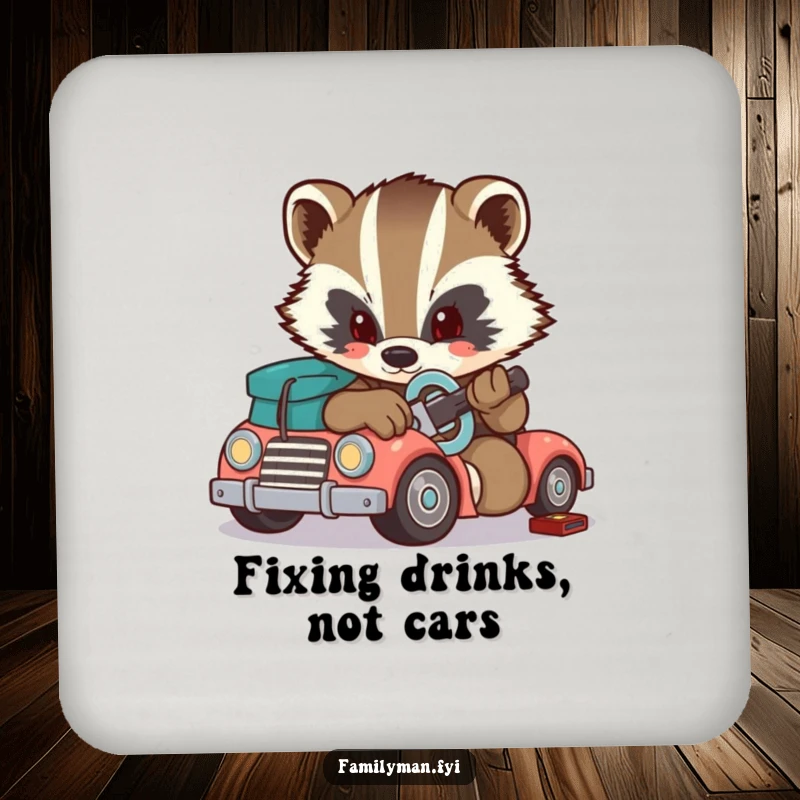 Funny badger coasters, a determined badger fixing a toy car with a small wrench. Drink protection.