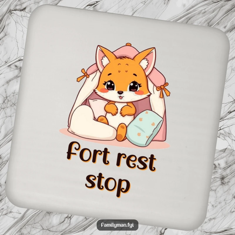 Funny fox cub coaster, a cub building a pillow fort to protect surfaces, bringing cute humor to any table.