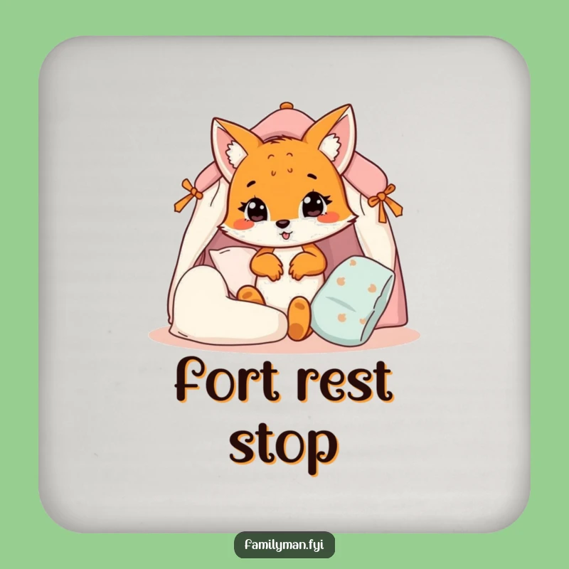 Funny Fox Cub Coaster: Pillow Fort Protection, Adorable & Humorous Drink Gift