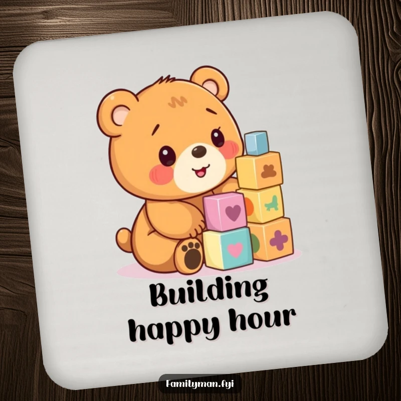 Funny drink coaster with a bear cub stacking colorful wooden blocks.
