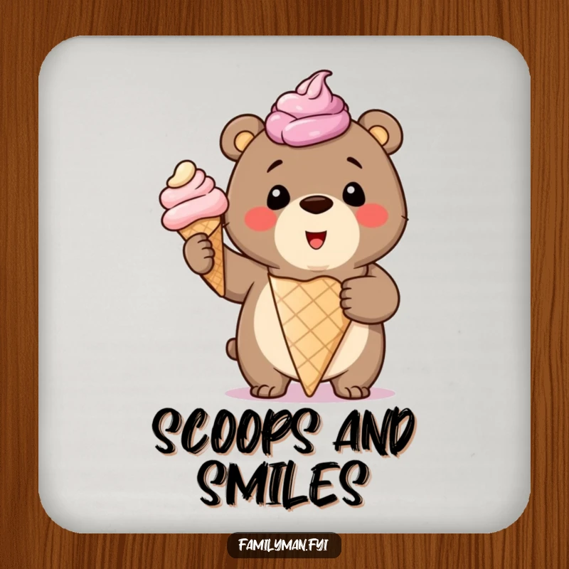 Funny Coasters showcasing a smiling bear cub proudly holding a giant, overflowing ice cream cone, adding sweetness to tabletops.