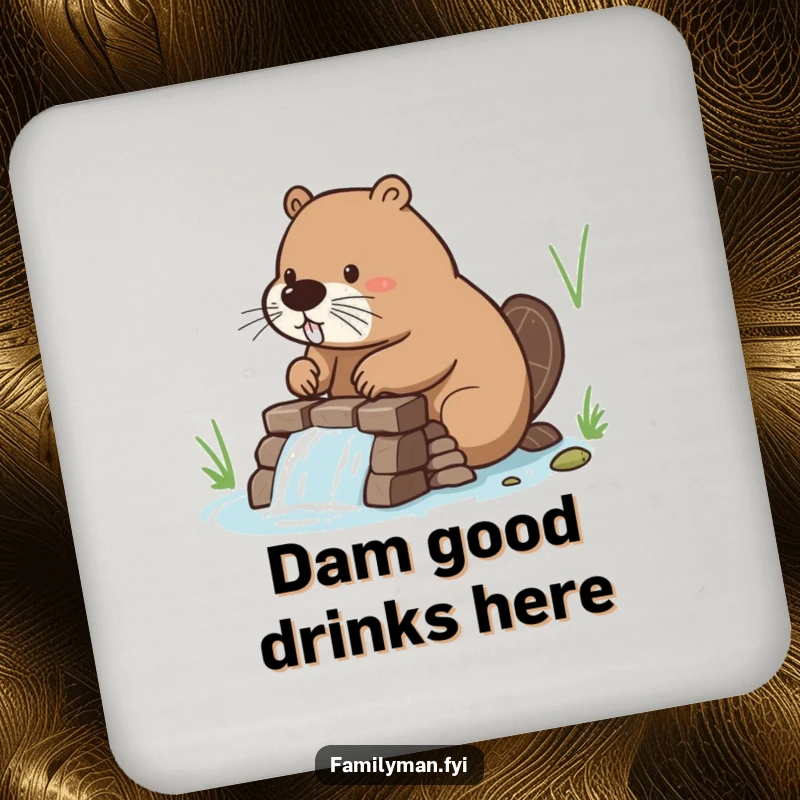 Funny Beaver Coasters illustrating a beaver building a dam, providing humorous table protection for DIY enthusiasts.