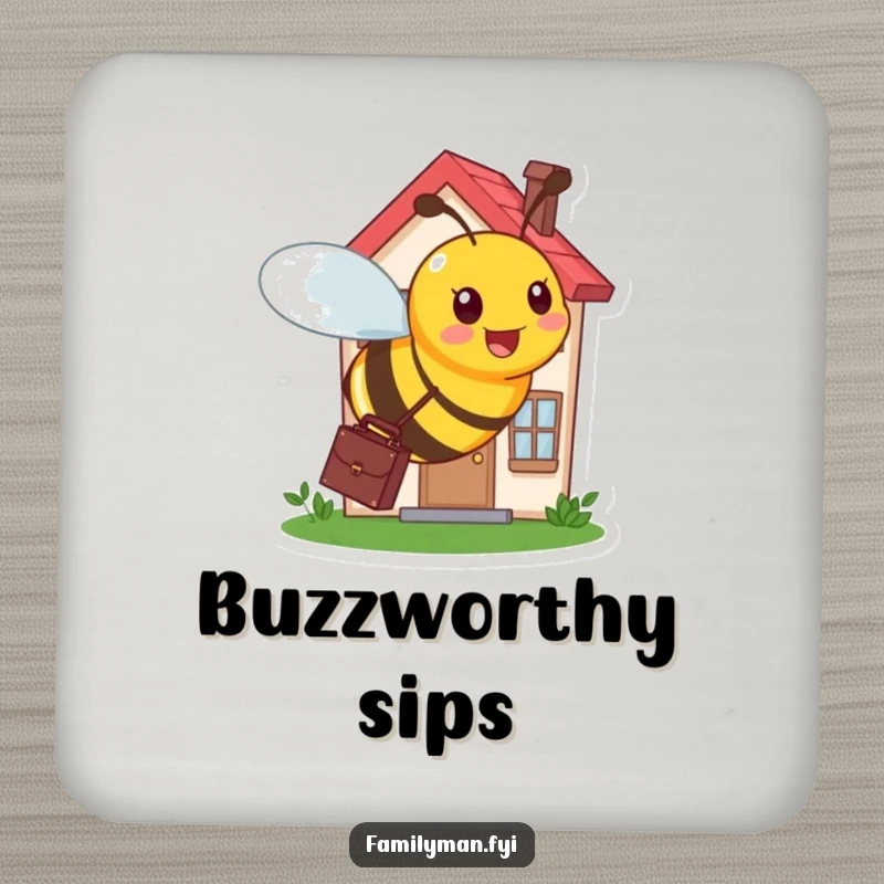 Funny coaster with a busy bee carrying a briefcase, buzzing around a tiny, bustling house.