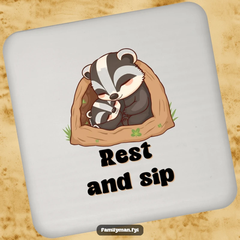 Funny Dad Badger Coaster: A caring father badger character tucking his young into a cozy burrow, symbolizing warm protection.