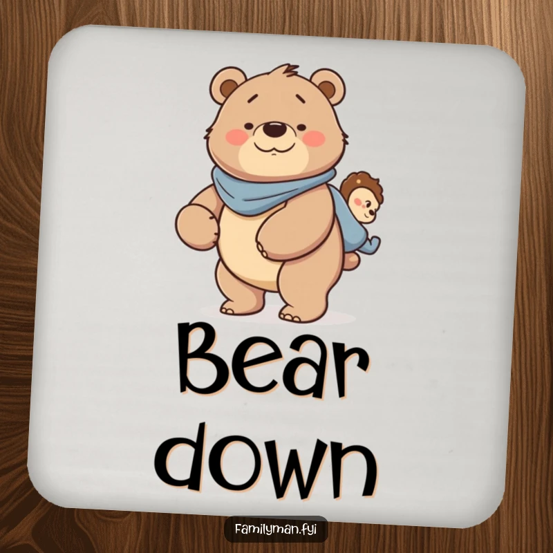 Funny Dad Bear Coaster: A strong father bear character smiling while giving a piggyback ride, symbolizing loving support.