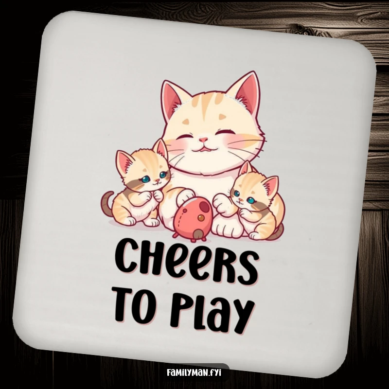 Funny proud dad cat watching kittens bat at a toy mouse, printed on protective drink coasters. A humorous and adorable accessory for any home.