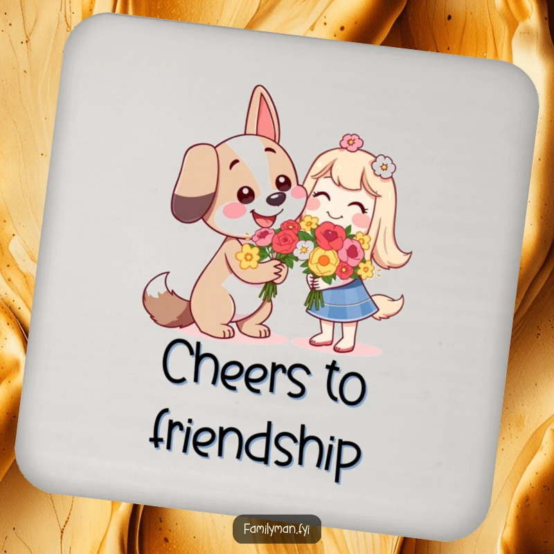 Funny happy dog character giving flowers with a smile, on a drink coaster.
