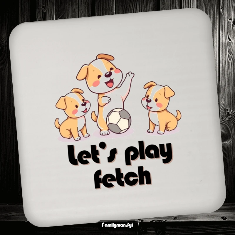Funny drink coaster with a playful dog playing fetch with two puppies, bringing cheerful canine energy to any surface.