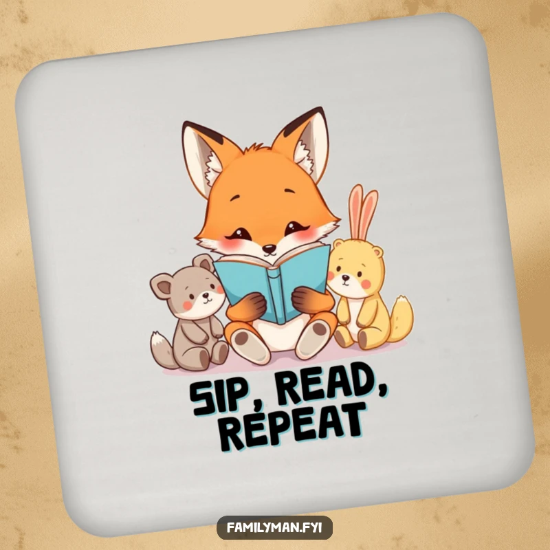 Funny drink coasters featuring a curious fox character reading a book to a group of attentive stuffed animals, protecting surfaces with humorous charm.