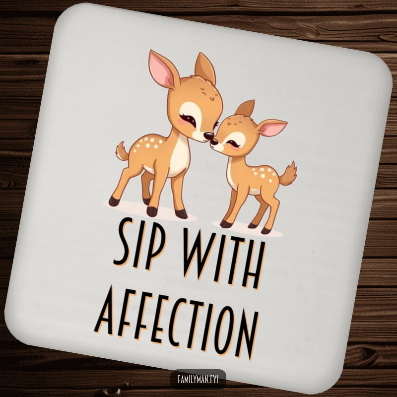 Funny deer coasters featuring a mother deer gently nudging her fawn, adding humorous protection to tables.