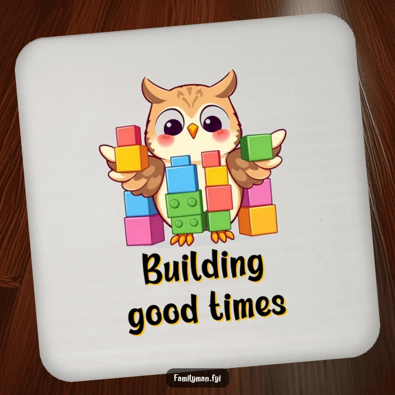 Funny Coasters showcasing a proud owl displaying a colorful stack of oversized building blocks, adding smart humor to tabletops.