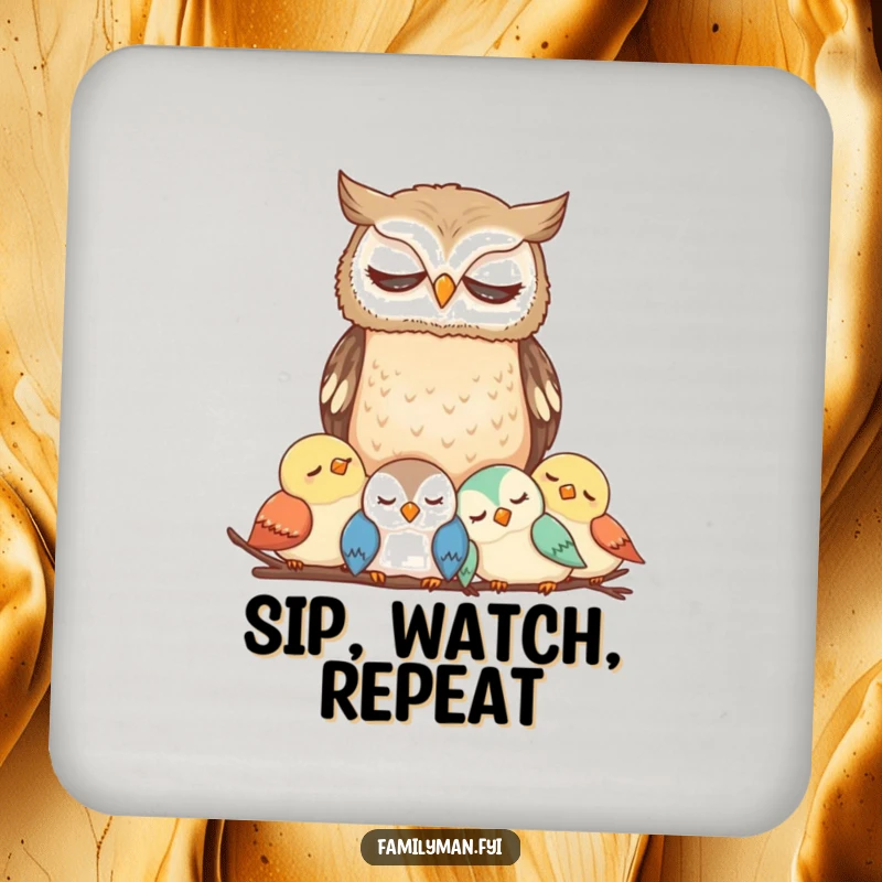Funny Owl Coasters featuring a thoughtful owl guarding its nest, offering humorous table protection.