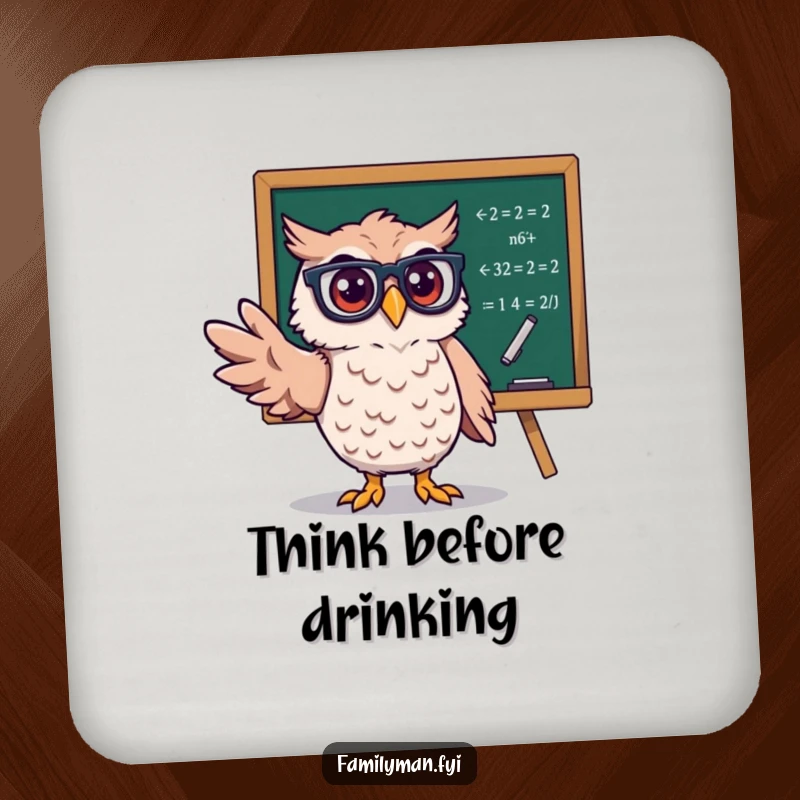 Funny Owl Professor Coaster, a wise owl with spectacles near a blackboard of equations, protecting tabletops with humor.