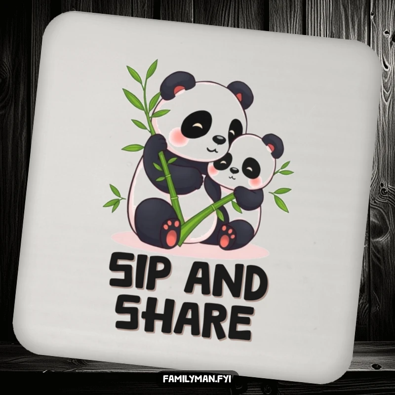 Funny coaster featuring two pandas sharing bamboo, perfect for drink placement with a humorous and charming design.