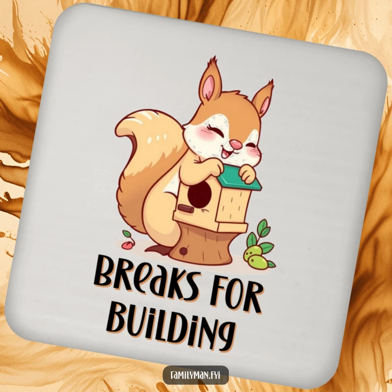 Funny playful squirrel drink coasters, featuring a squirrel building a birdhouse, offering stylish and humorous surface protection.