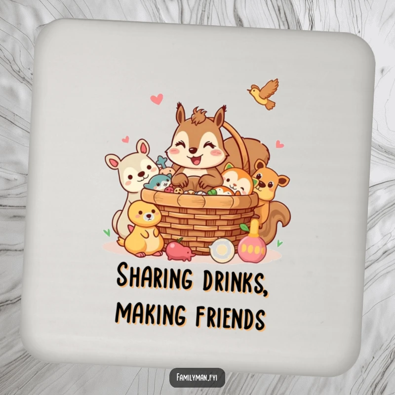 Funny squirrel coasters, a cheerful squirrel sharing a picnic basket with animal friends. Drink protection.