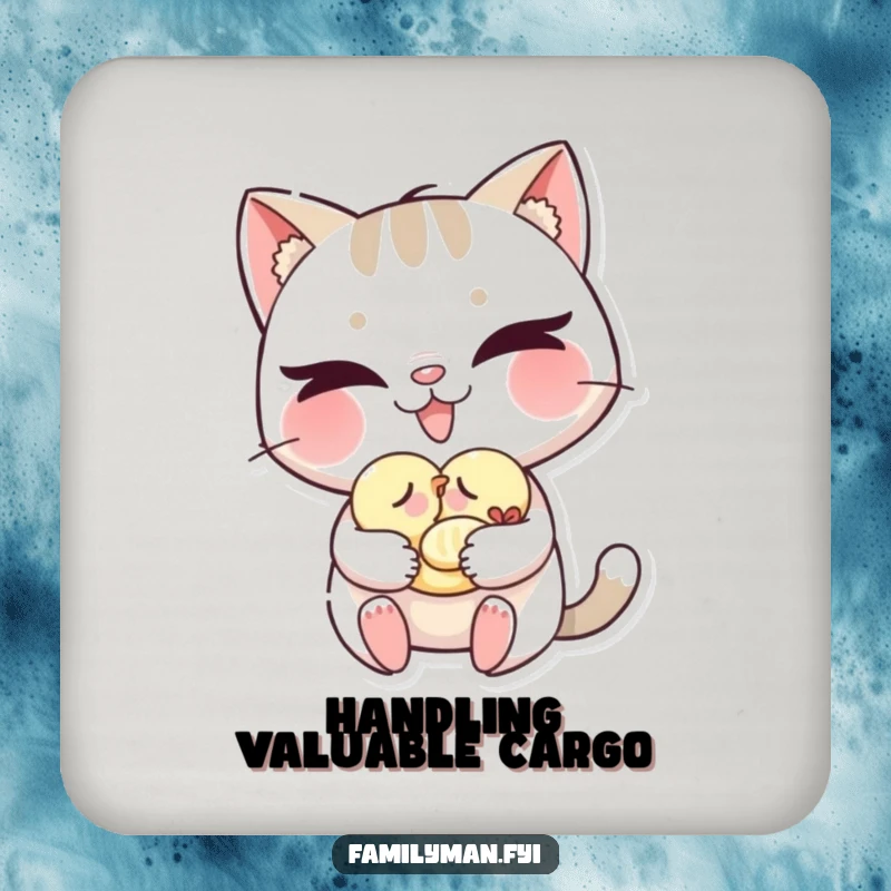 Funny cat coasters with a mischievous grin gently carrying a sleeping baby bird, protecting surfaces with humor.