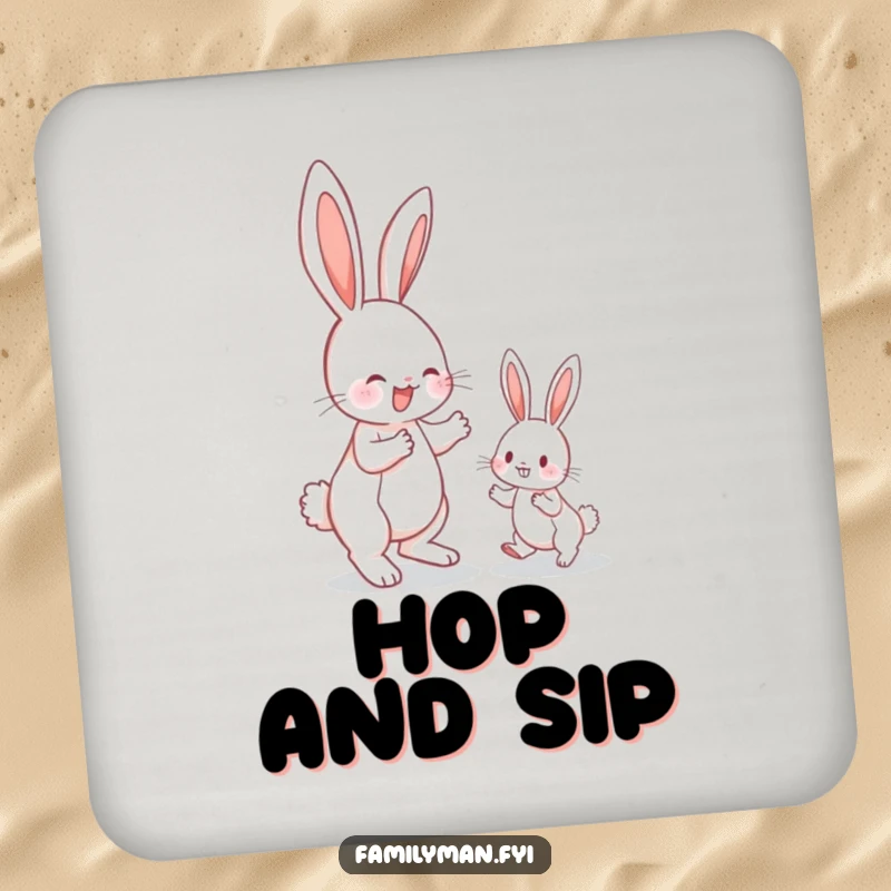 Funny bunny coaster, bunnies learning to hop, perfect for protecting surfaces with adorable humor.