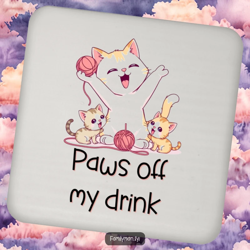 Funny Coaster featuring a playful father cat tossing a yarn ball for kittens, adding a heartwarming touch.