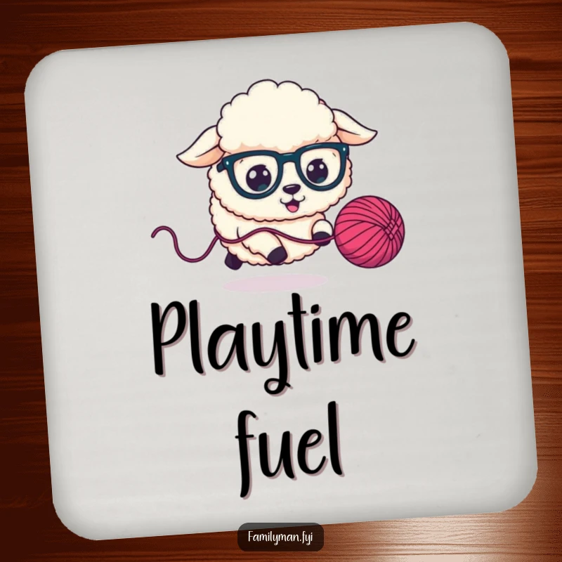 Funny Coasters showcasing a fluffy sheep dog in oversized glasses chasing a bouncing yarn ball, adding humor to tabletops.