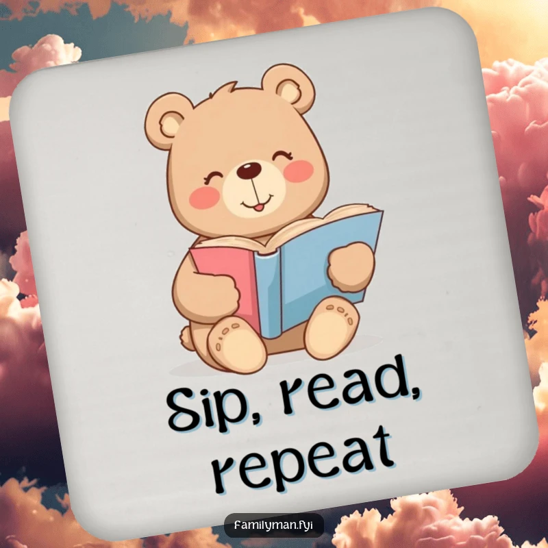 Funny bear coasters with a warm smile contentedly reading a large storybook, protecting surfaces with literary charm.