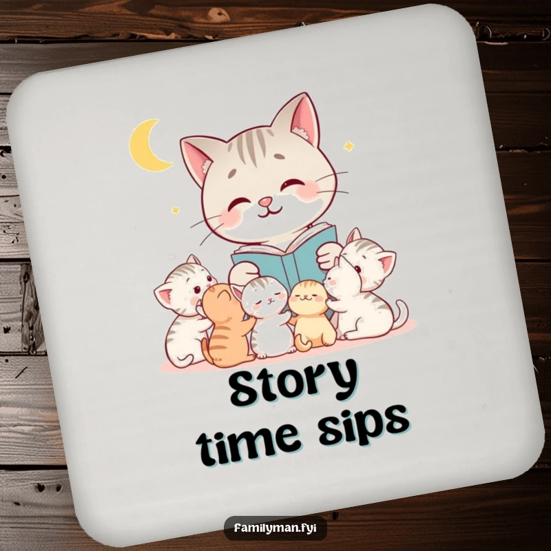 Funny cat drink coaster with a mother cat reading a sweet bedtime story to her little kittens, protecting surfaces with a smile.