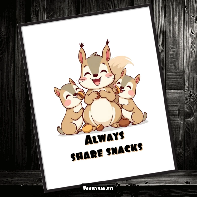 Funny squirrel poster, a happy squirrel sharing nuts with a group of friends, celebrating togetherness and generosity.