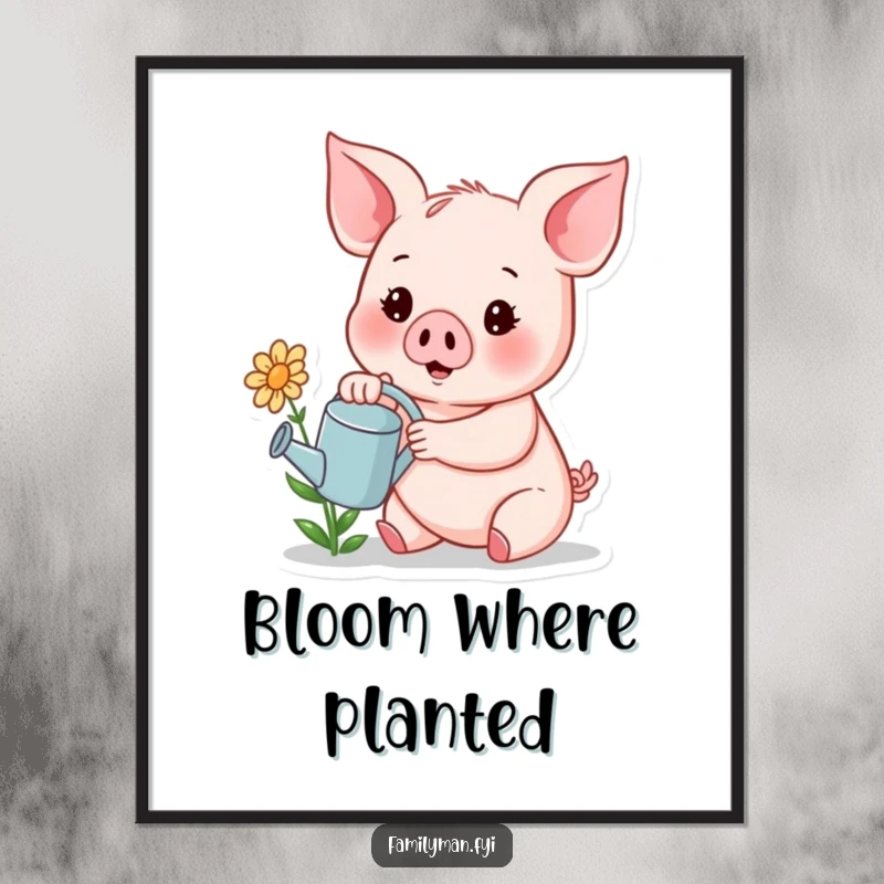 Funny poster of a cheerful piglet holding a tiny watering can, watering a small, smiling flower with care.