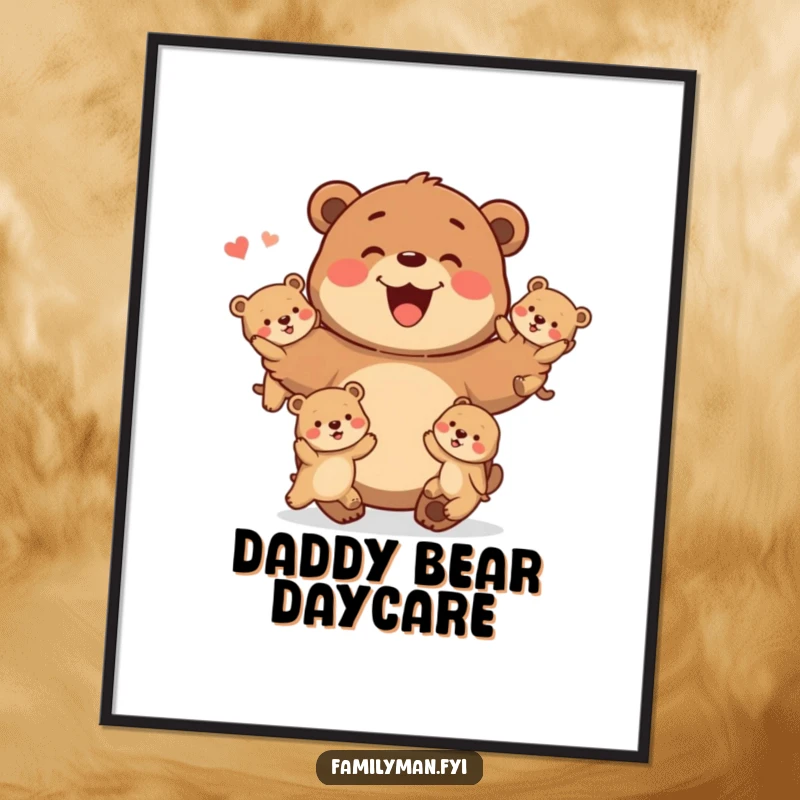 Funny Poster depicting a happy father bear playfully tossing baby bears in the air, conveying joy.