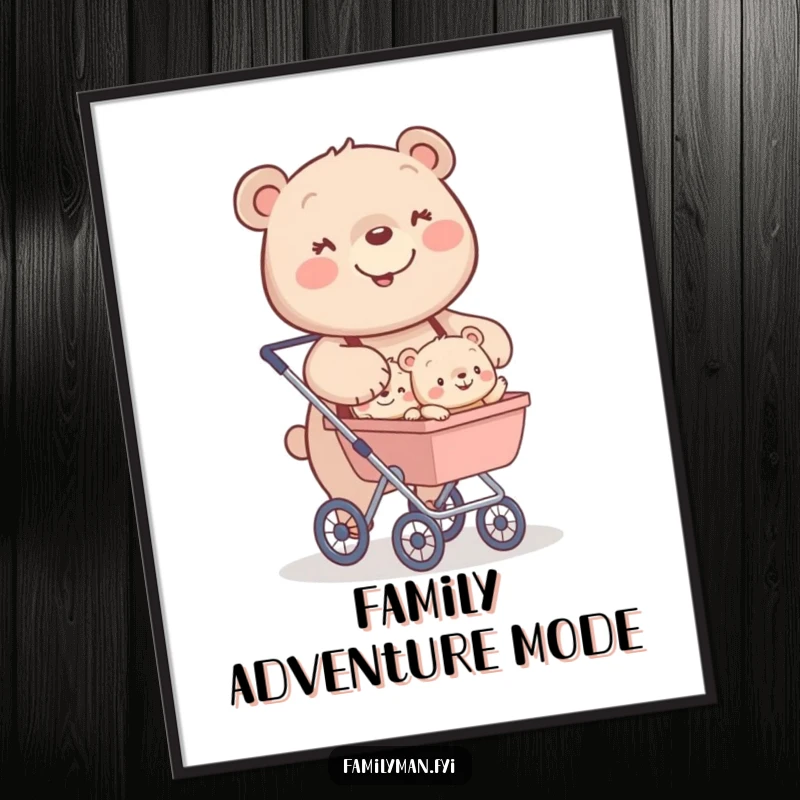 Funny poster featuring a happy bear character pushing a stroller brimming with tiny, smiling bear cubs.