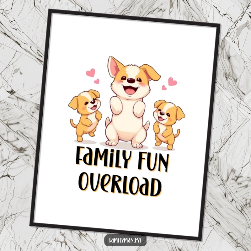 Funny poster art of a happy dog juggling three adorable puppies, capturing the essence of playful puppy chaos.