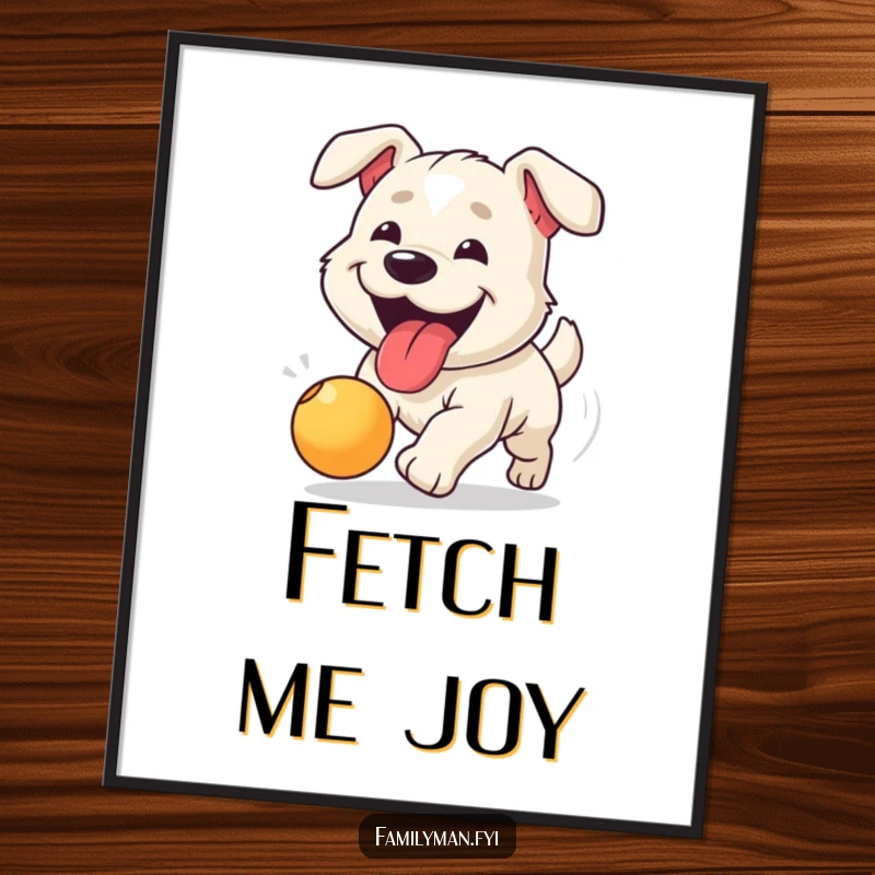 Funny poster of a happy dog with tongue lolling out, enthusiastically chasing a bouncing ball with all its might.