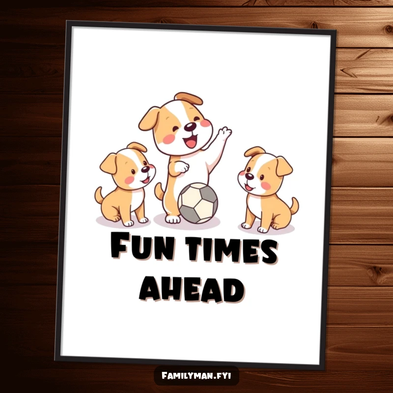 Funny poster of a playful dog throwing a ball for two puppies, capturing the essence of happy, energetic canine fun.