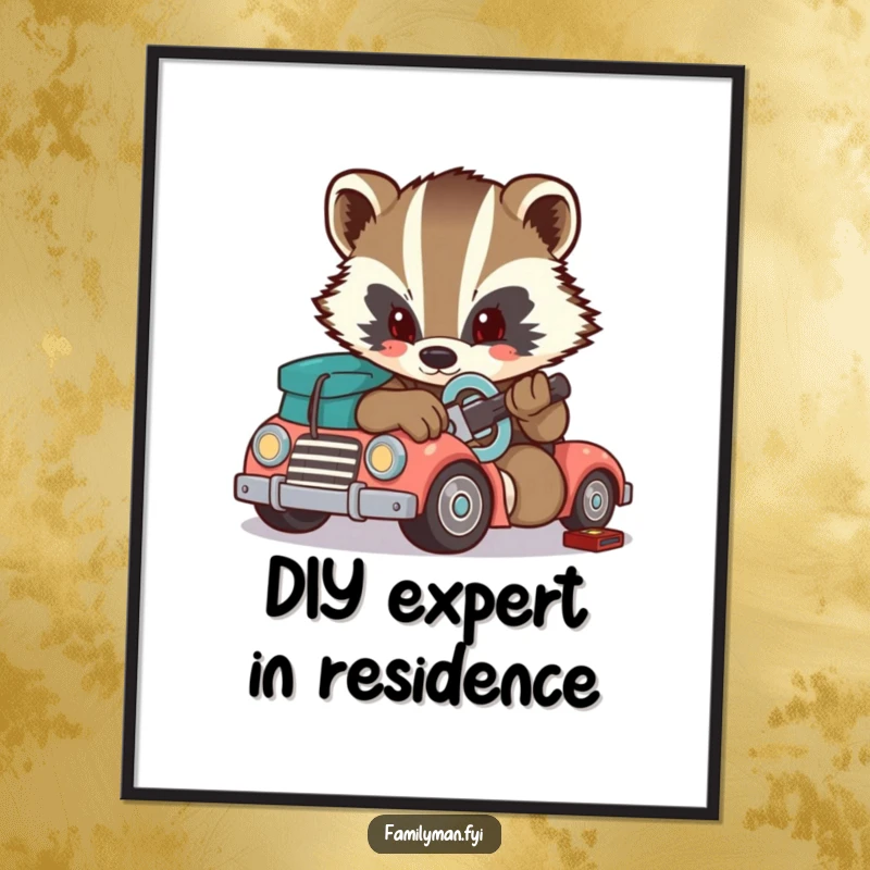 Funny badger poster, a determined character skillfully repairing a toy car with a small wrench. Inspiring artwork.