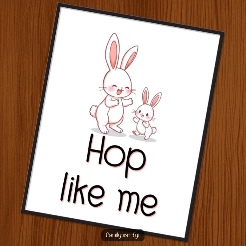 Funny bunny poster, an energetic bunny demonstrating hopping technique to a smaller, eager bunny, full of delight.
