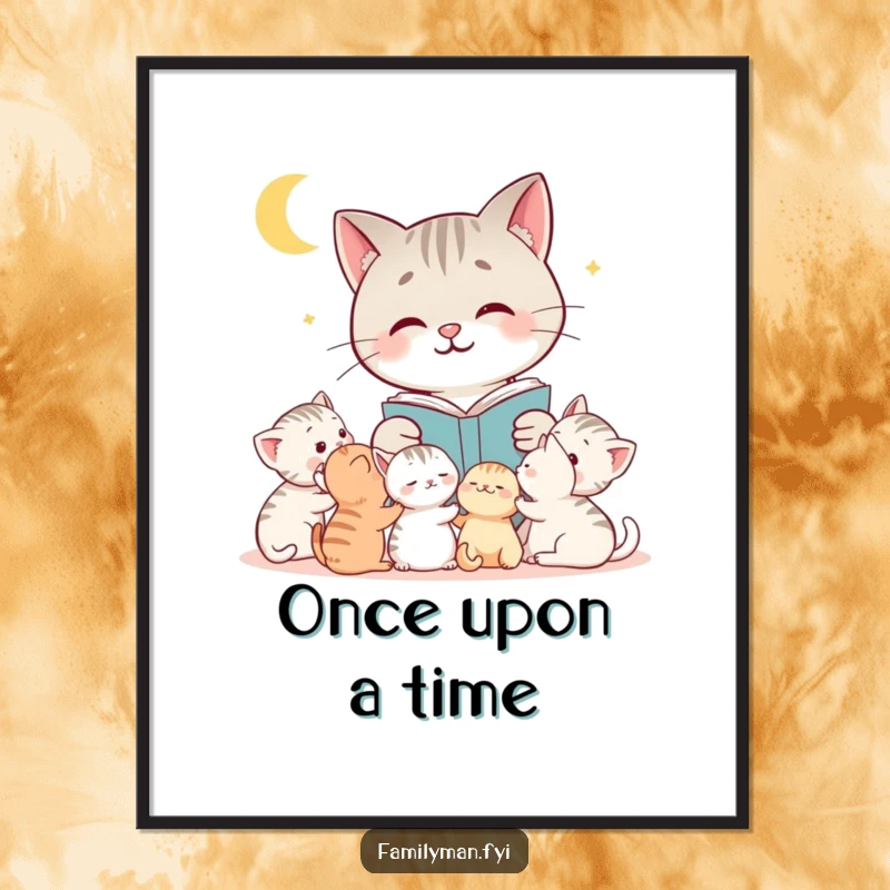 Funny cat poster illustrating a smiling mother cat reading a classic bedtime story to a group of captivated and cuddly kittens.