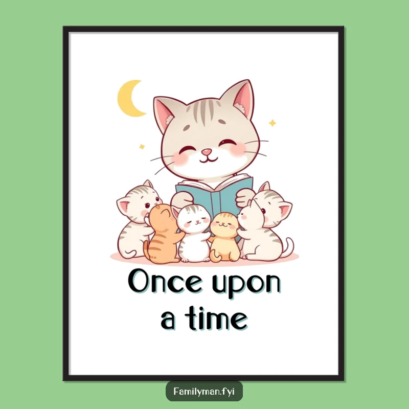 Funny Cat Poster: Charming Bedtime Story Cat Reading to Kittens, Wall Art Gift