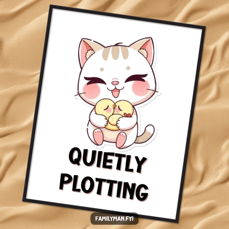 Funny cat poster showing a mischievous cat with a grin gently carrying a sleeping baby bird, whimsical wall art.