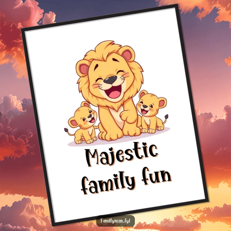 Funny Dad Lion Poster: A happy lion father playing fetch with his cubs, a humorous and heartwarming wall decoration.