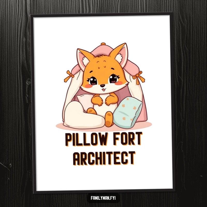 Funny fox cub poster, a cute cub busy constructing a pillow fort, adding whimsy and humor to wall decor.
