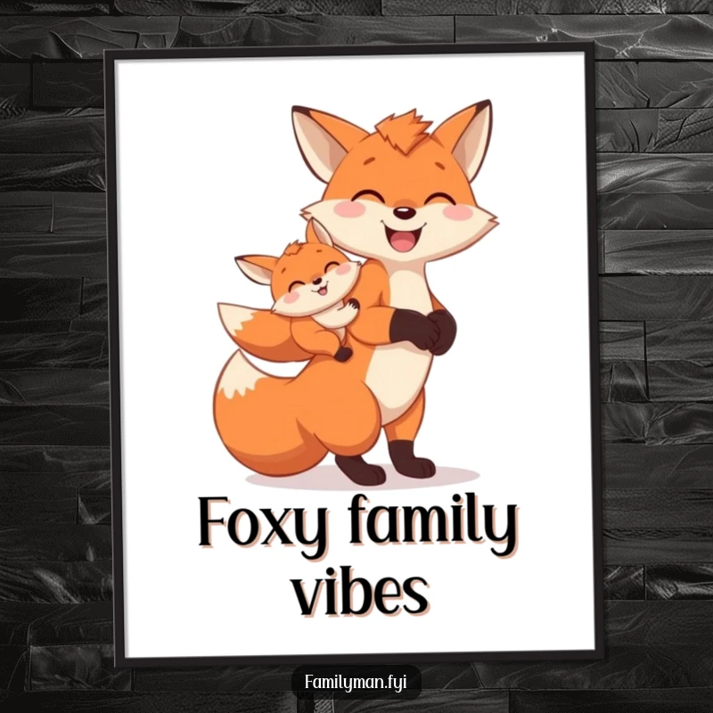 Funny Poster depicting a cheerful father fox carrying a baby fox on its back, conveying tenderness.