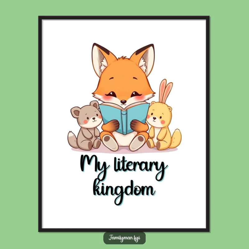 Funny Fox Reading Poster: Adorable Art of a Fox with Stuffed Animals, Charming Wall Decor Gift