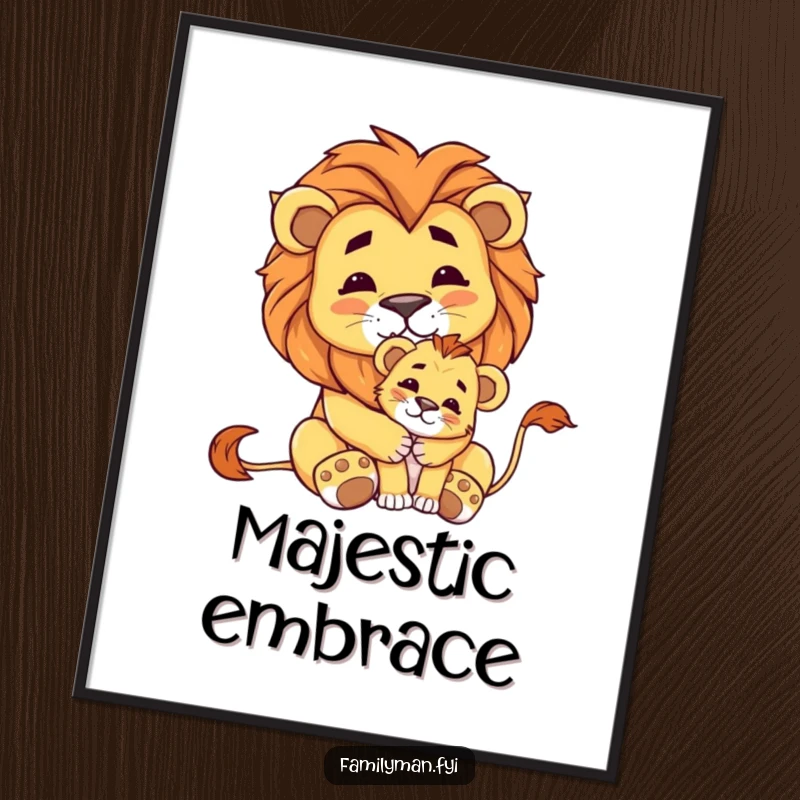 Funny poster of a proud lion embracing a small cub, capturing the essence of power, love, and familial pride.