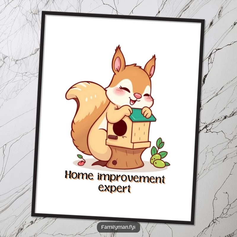 Funny playful squirrel poster, depicting a squirrel focused on building a birdhouse, adding a touch of humor and industrious charm to decor.