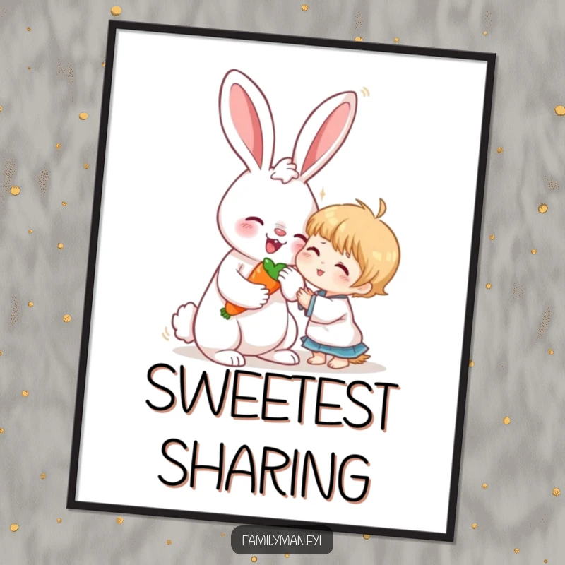 Funny poster of a loving rabbit sharing a carrot with a child, capturing the essence of pure kindness and gentle friendship.