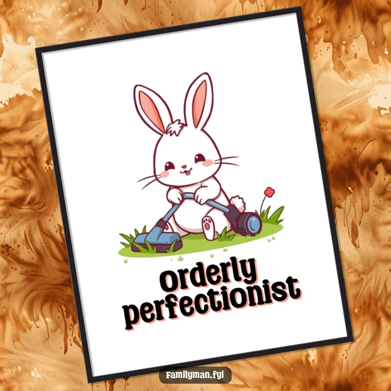 Funny poster art of a cheerful rabbit diligently mowing a small, neat lawn, capturing the essence of garden perfection.