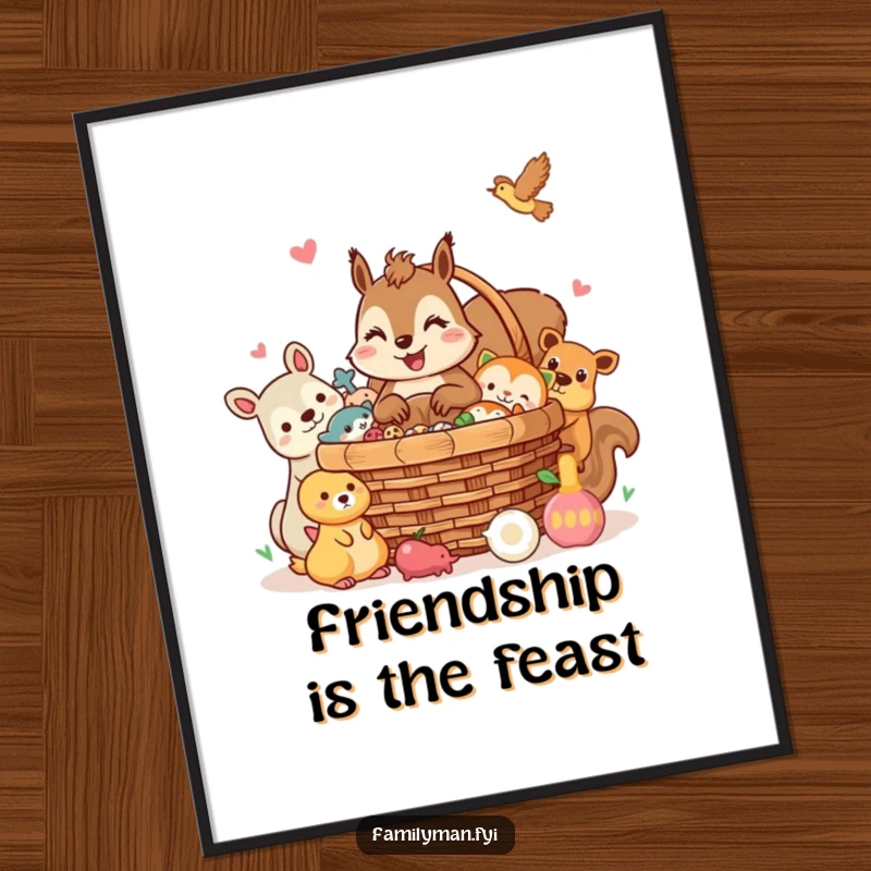 Funny squirrel poster, a cheerful character sharing a picnic basket with various animal friends. Inspiring wall art.