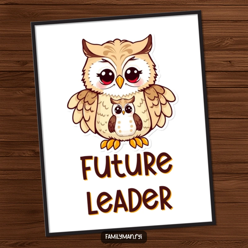 Funny Dad Owl Poster: A proud father owl character teaching his owlet navigation with a map, conveying wisdom and love.